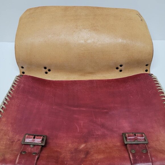 Vintage 1980 Handmande Leather Messanger Purse Owl Curved Satchel Bag Red 80s - Picture 5 of 16